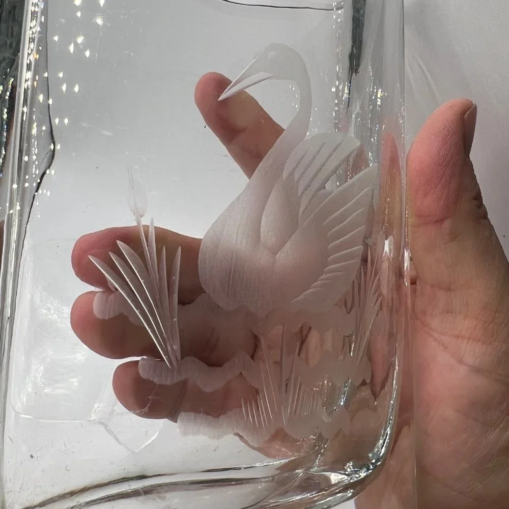 SMALANDSHYTTAN JOSEF SCHOTT Crystal Etched Vase ~ Heavy Art Glass Oval Vase with